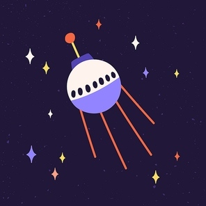 Sphere of satellite with antennas flying in outer space. Sputnik, cosmic equipment, fly in cosmos. Artificial astronomical object in sky among stars. Childish flat vector illustration.