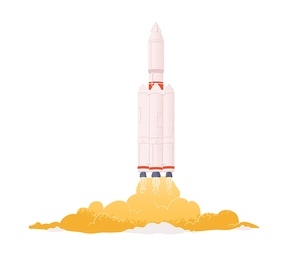 Intergalactic rocket launch. Spaceship takeoff with fire flames from engine. Spacecraft taking off. Concept of start up. Colored flat vector illustration of space shuttle isolated on white .