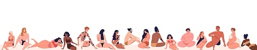 set of different, multiracial body positive people dressed on beach in beachwear. various, pregnant, , dark skin men and women. flat cartoon vector illustration isolated on white .