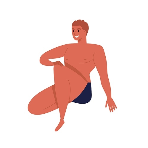 Sunburnt man in black underpants with fit body. Naked male character in underwear. Smiling guy model in underwear. Flat vector cartoon illustration isolated on white .