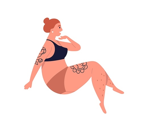 Plus size tattooed woman in underwear. Female model with curvy shape. Body positive character with natural beauty. Flat vector cartoon illustration isolated on white 