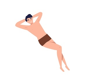 Young man model with fit body lying and relax. Smiling handsome male character in underwear. Flat vector cartoon illustration isolated on white background.