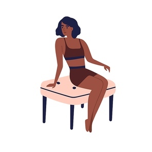 Young dark skin african american woman in sport underwear sitting on chair. Stylish slim girl model in brown beachwear posing. Flat vector cartoon illustration isolated on white background.
