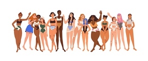 Women body positivity and diversity concept. Line of diverse happy woman in swimwear. Mixed females of different skin color, race and beauty. Flat vector illustration isolated on white background.