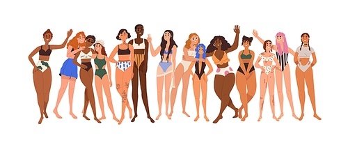Women body positivity and diversity concept. Line of diverse happy woman in swimwear. Mixed females of different skin color, race and beauty. Flat vector illustration isolated on white .