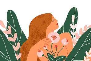 Happy peaceful blooming woman with blossomed flowers around. Concept of female beauty and health, self-care, acceptance and love. Colored flat graphic vector illustration isolated on white background.