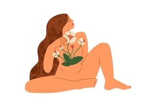 Woman's naked body with flowers inside isolated on white background. Self-love, femininity, women beauty and health care concept. Colored flat vector illustration of female enjoying her inner freedom.