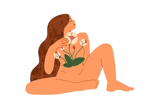 Woman's naked body with flowers inside isolated on white . Self-love, femininity, women beauty and health care concept. Colored flat vector illustration of female enjoying her inner freedom.