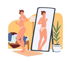 Young woman in underwear looking at extra pounds or kilos of her body in reflection of the mirror. Body rejection problem, self-hatred, dissatisfaction with appearance. Color flat vector illustration