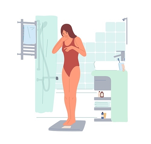 Upset young woman weighing on scales and shocked about her weight. Unhappy female character disappointed with extra pounds or kilos. Colorful flat vector illustration isolated on white .