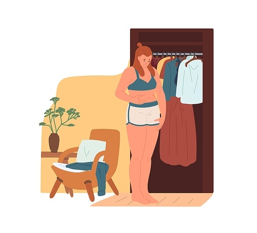 Sad woman standing near wardrobe and touching her belly. Female character with overweight upset about tummy and extra kilos. Flat vector illustration isolated on white .