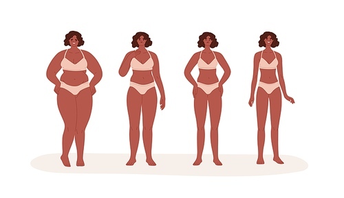 Weight loss concept. Process of transformation from black-skinned woman with fat obese body and belly to slim and thin shape. Colored flat cartoon vector illustration isolated on white .