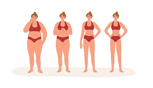 Stages of transformation process from fat obese body with belly to slim and thin figure. Weight loss concept. Colored flat cartoon vector illustration of woman in lingerie isolated on white