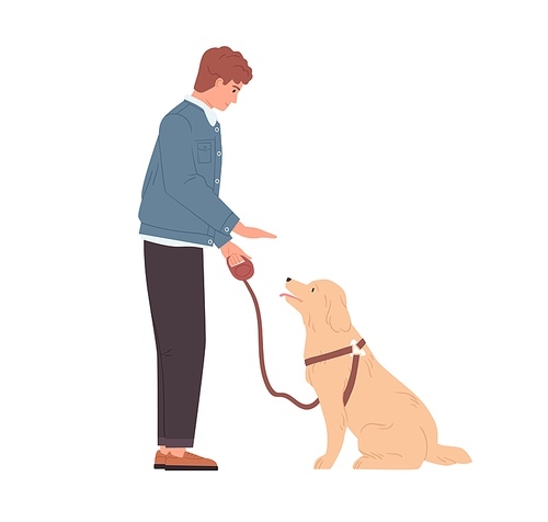 Young man teaching and training his dog to sit by hand gesture command. Well-behaved doggy and pet owner. Person coaching obedient puppy. Colored flat vector illustration isolated on white .