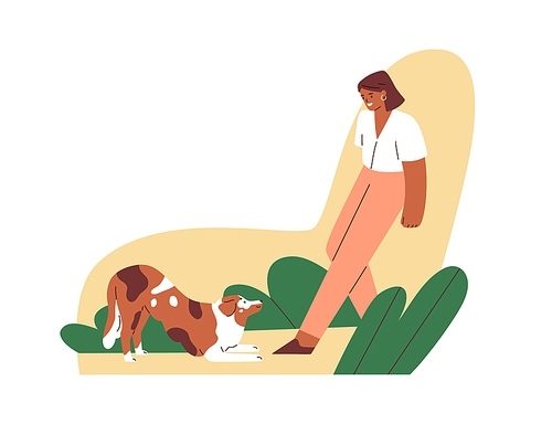 Obedient dog obeying down command of its female trainer. Pet owner training and teaching doggy. Canine animal and instructor. Colored flat vector illustration isolated on white .