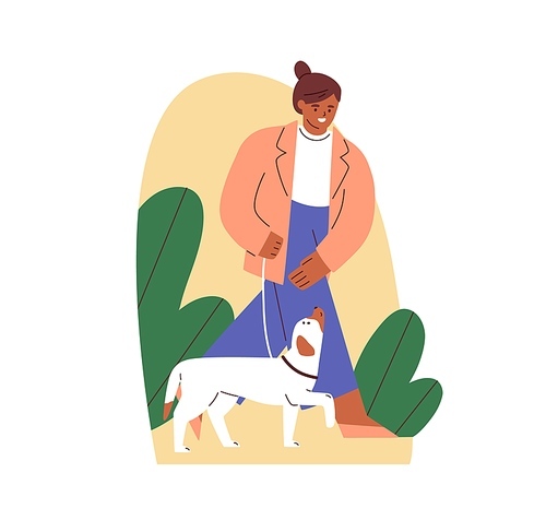 Dog obeying heel command and walking on leash with its owner. Canine instructor teaching doggy with hand signals. Colored flat vector illustration of woman and puppy isolated on white .