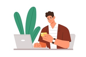 Person making online electronic payment with laptop and bank card. Man buying smth. through internet and paying for it using computer. Colored flat vector illustration isolated on white background.
