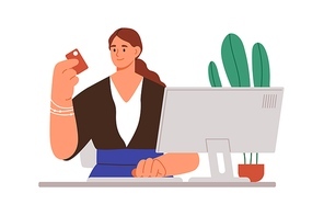 Person using business system of online payments. Woman at computer paying through internet with bank card . Ecommerce and digital accounting concept. Colored flat vector illustration isolated on white.