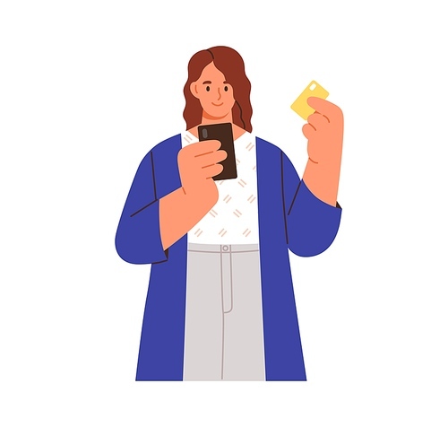 Person paying for smth. using bank card and mobile phone. Online cashless payment concept. Woman shopping through internet with smartphone. Flat vector illustration isolated on white .