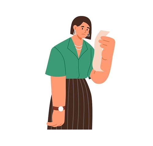 Upset person holding receipt with big price for expensive purchase. Sad woman with expired paper bill in hands. Burden of expenses concept. Flat vector illustration isolated on white .