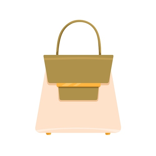 Trapeze women handheld bag with single handle. Fashion flap handbag from glossy leather with gold closure and convertible top. Stylish accessory. Flat vector illustration isolated on white .