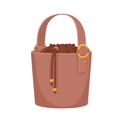Fashion bucket bag with adjustable strap and drawstrings. Women soft leather and textile handbag with single handle and gold buckle. Colored flat vector illustration isolated on white .