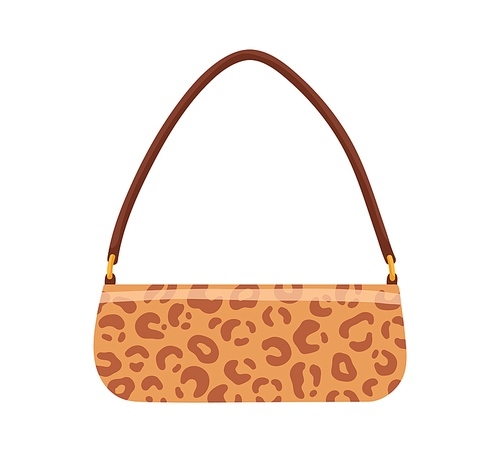 Trendy baguette bag with leopard . Fashion women clutch with animal pattern and shoulder strap. Small mini glossy leather handbag. Colored flat vector illustration isolated on white .