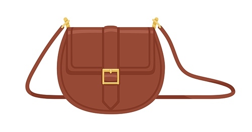 Women fashion crossbody saddle bag with shoulder strap. Modern small leather flap handbag with golden buckle. Stylish female accessory. Flat vector illustration isolated on white .