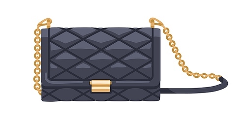 Classic quilted black flap bag with gold chain. Women fashion clutch. Small leather elegant purse. Modern rectangular evening handbag. Flat vector illustration isolated on white .