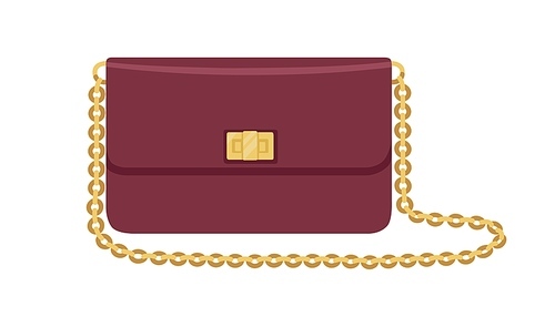 Modern flap clutch with gold chain strap and twist lock. Women fashion small purse bag. Elegant stylish fashionable leather handbag. Flat vector illustration isolated on white .