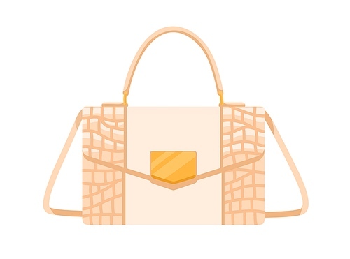 Fashion women flap handbag with gold buckle, handle and strap. Modern shoulder bag from smooth and textured leather. Rectangular hand luggage. Flat vector illustration isolated on white .