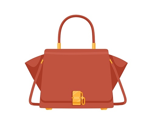 Fashion women trapeze flap bag with handle, shoulder strap and gold buckle. Modern stylish handbag with wide expanded side wings. Colored flat vector illustration isolated on white .