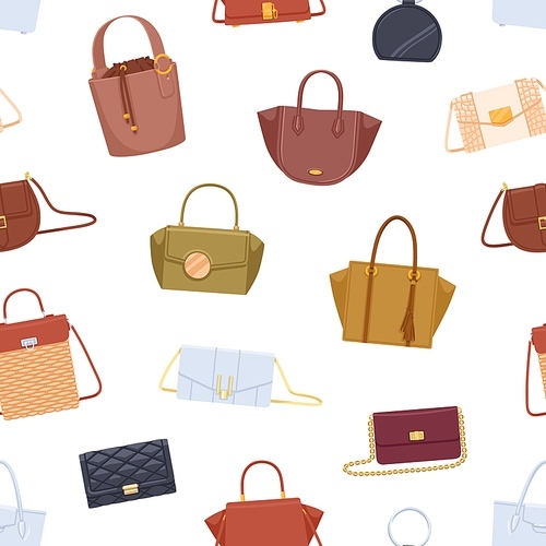 Seamless pattern with different women bags, handbags, purses and clutches on white background. Endless repeating wrapping design with modern fashion accessories. Flat vector illustration for printing.