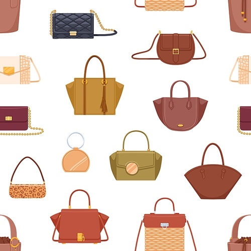 Seamless fashion pattern with women hand bags of different shape, color and design. Repeatable background with modern leather handbags, purses and clutches. Flat vector illustration for printing.