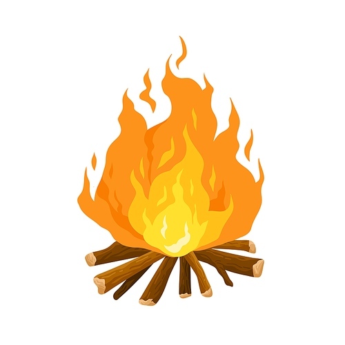 Bonfire cartoon vector illustration. Burning camp fire on firewood isolated on white . Flame icon, colorful element.