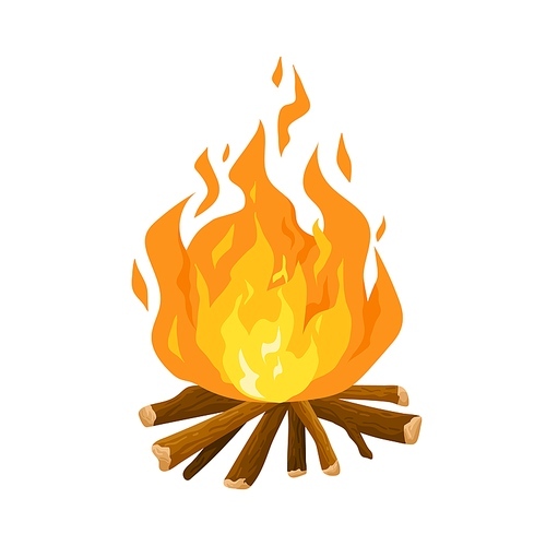 Burning campfire or bonfire on wooden logs isolated on white . Design element of flame on firewood. Orange cartoon blaze. Colorful flat vector illustration.