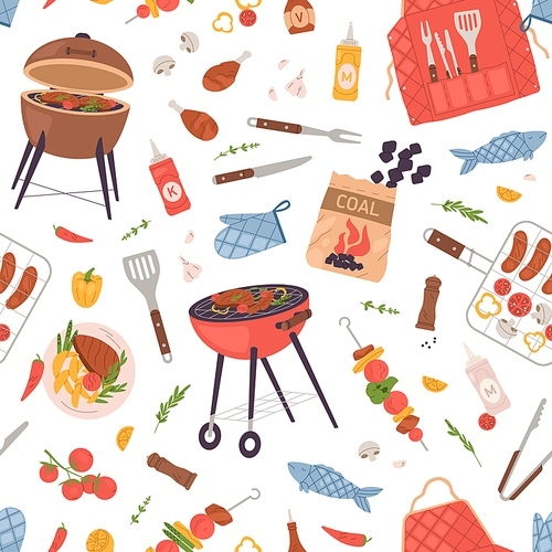 Seamless pattern with food for BBQ party. Repeatable texture with barbecue grill, roasted meat and tools on white background. American barbeque backdrop for wrapping. Colored flat vector illustration.