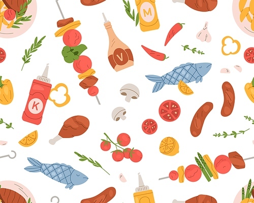 seamless bbq pattern with barbecue grilled food on white background. endless repeating texture with barbeque kebab, meat, fish, sauces and s. colored flat vector illustration for printing.