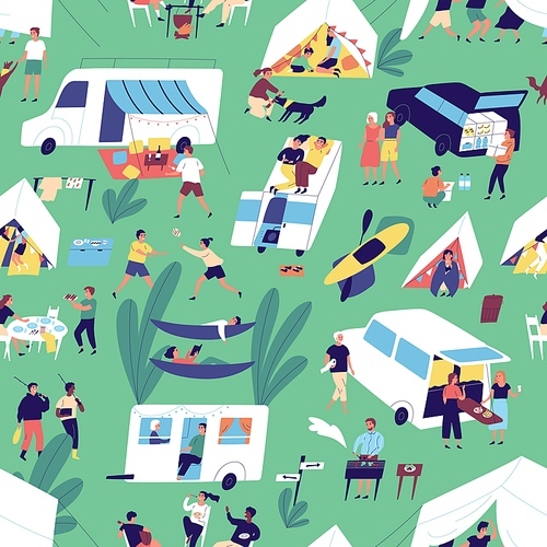 seamless  with relaxing people near camper van, tents in nature outdoors. women and men spend time together in summer camping festival, eating, lying in hammocks. flat vector illustration.