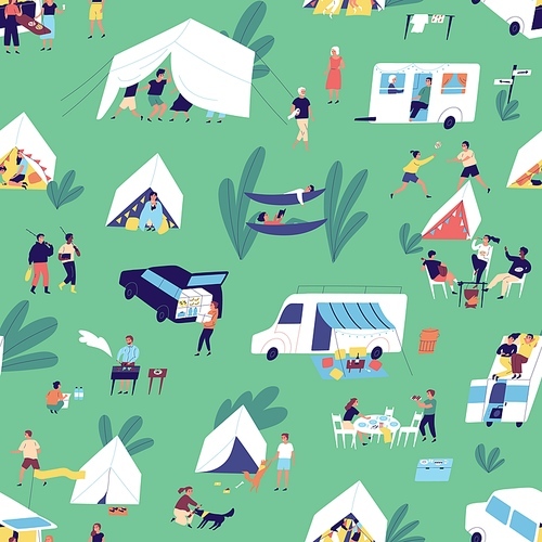 Tiny people enjoying outdoor activity at summer camping seamless pattern. Man, woman, kid, couple and family spending time together in nature outdoors vector flat illustration. Relax at tent city.