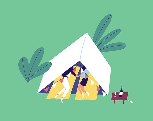 Tourists couple lying at camping tent decorated by flag garland vector flat illustration. Happy enamored pair sleeping after romantic date holding hands. People enjoying outdoor dating during travel.