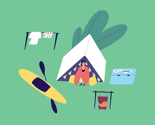 Active woman relaxing at camping tent after kayaking day vector flat illustration. Female drink hot beverage, cooking food on campfire, enjoy summer vacation. Tourist person during outdoor leisure.
