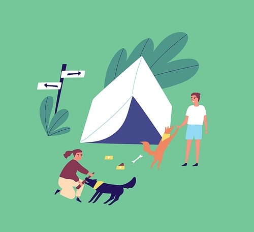 Family on summer outdoor camping vacation. Young couple playing with dogs near a tent. Man and woman relaxing on campsite with pets. Vector illustration in flat cartoon style.