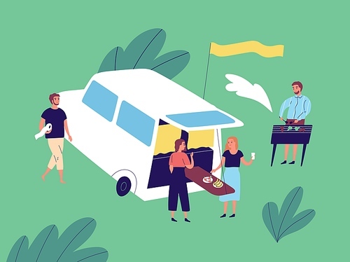 Group of happy friends enjoying outdoor picnic at camping car vector flat illustration. Tourists man and woman cooking barbecue, eating food, talking each other. People spending time at park.