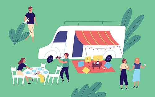 Cheerful friends relaxing together enjoying picnic vector flat illustration. Group of happy man and woman talking to each other, eating and drinking at outdoor party. People spending time at park.