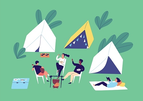 Group of diverse people relax at camping vector flat illustration. Tourists eat and cook food on campfire, play guitar, read book, rest and talk each other. Man and woman spending time outdoor.
