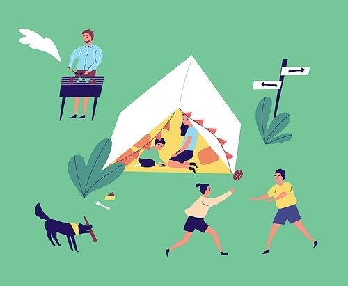 Active family resting at camping together vector flat illustration. Mother, father and children cooking barbecue, playing and having fun. Happy people spending time outdoor during summer vacation.
