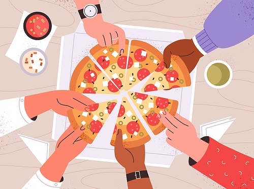 Diverse male and female hands taking triangle pizza slices from box on table. Top view of Italian fast food at corporate party. Hungry friends eating fastfood together. Flat vector illustration.