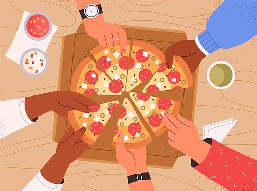 Top view of hands taking pizza slices from table at corporate party. Hungry friends eating Italian fast food together. Family holding pepperoni pieces. Colored flat vector illustration of fastfood.