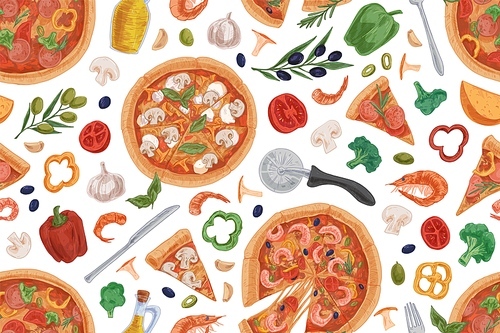 Seamless pattern with Italian pizza slices, ingredients and kitchen tools on white background. Hand-drawn endless design of repeatable texture for pizzeria. Colored vector illustration for printing.